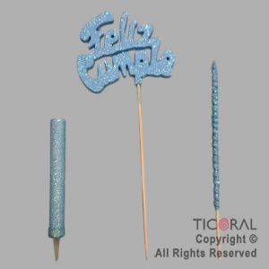 ADORNO DE TORTA SET FELIZ CUMPLE CON BENGALA Y VELA GIBRE CELESTE x 1